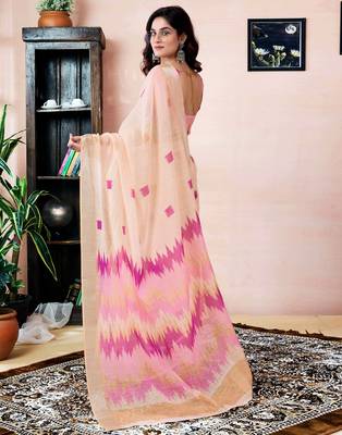ready to wear cream linen zari screen printed zari work saree 2