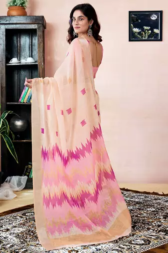 ready to wear cream linen zari screen printed zari work saree