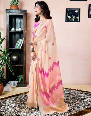 ready to wear cream linen zari screen printed zari work saree 3