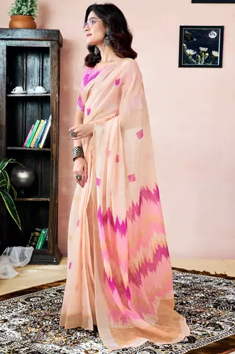 ready to wear cream linen zari screen printed zari work saree