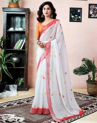 pre draped white linen zari screen printed zari work saree 1