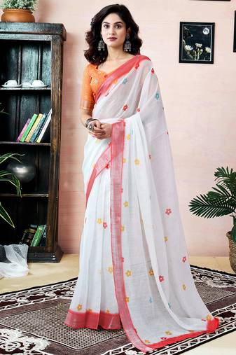 White linen zari screen printed zari work pocket work ceremony, party and festive ready to wear saree with blouse