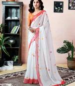 ready to wear white linen zari screen printed zari work saree with blouse