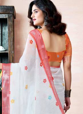 pre draped white linen zari screen printed zari work saree 2