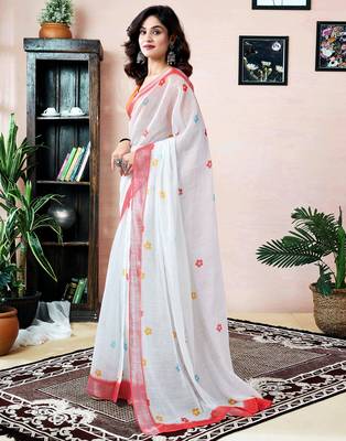 pre draped white linen zari screen printed zari work saree 3