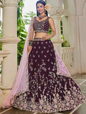 Burgundy Organza Sequinse embroidery Lehenga choli with Dupatta 1