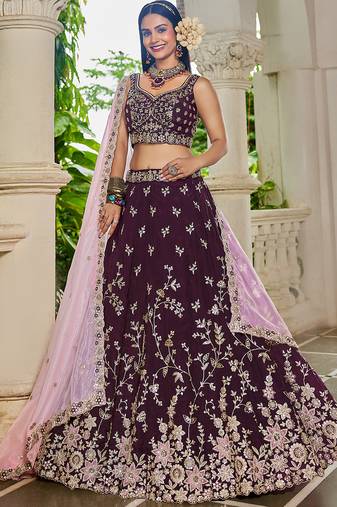 Burgundy Organza Sequinse embroidery Lehenga choli with Dupatta