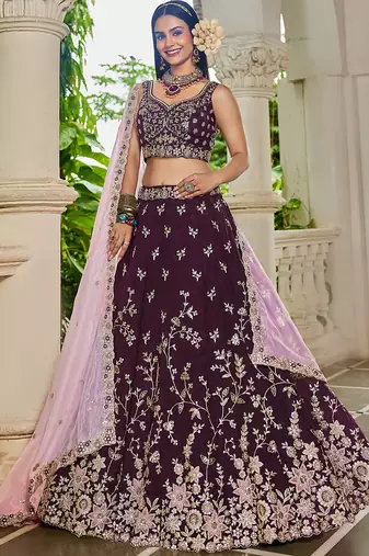 Burgundy Organza Sequinse embroidery Lehenga choli with Dupatta