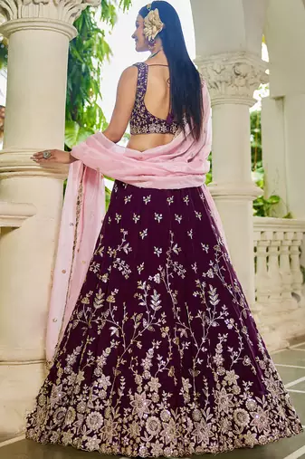 Burgundy Organza Sequinse embroidery Lehenga choli with Dupatta