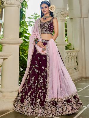 Burgundy Organza Sequinse embroidery Lehenga choli with Dupatta 3