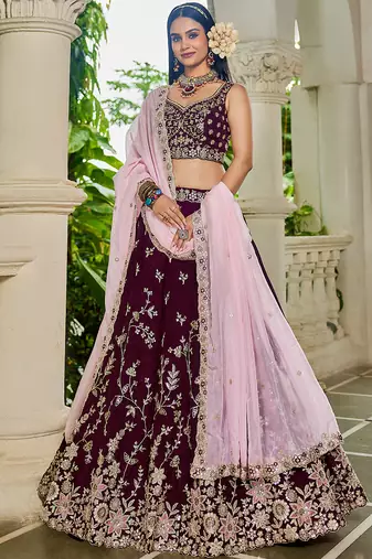 Burgundy Organza Sequinse embroidery Lehenga choli with Dupatta