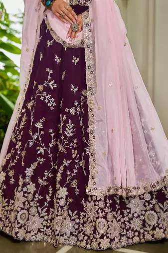 Burgundy Organza Sequinse embroidery Lehenga choli with Dupatta