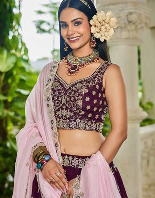 Burgundy Organza Sequinse embroidery Lehenga choli with Dupatta 5