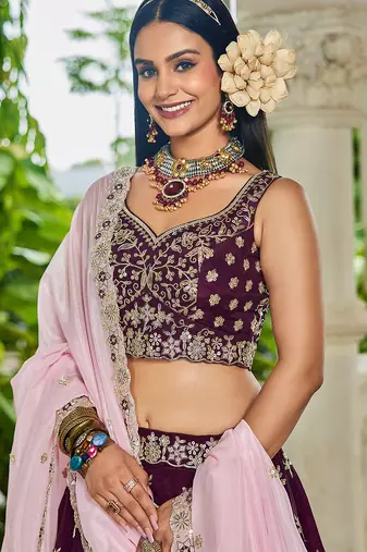 Burgundy Organza Sequinse embroidery Lehenga choli with Dupatta
