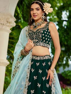 Green Organza Sequinse embroidery Lehenga choli with Dupatta 3