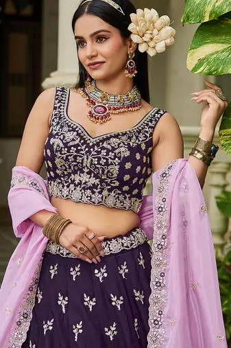 Magenta Organza Sequinse embroidery Lehenga choli with Dupatta