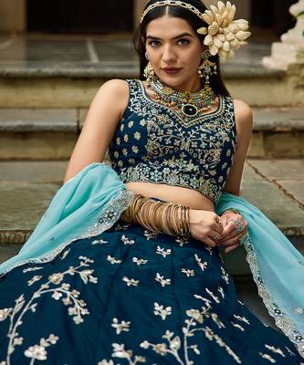 Navy blue Organza Sequinse embroidery Lehenga choli with Dupatta 5