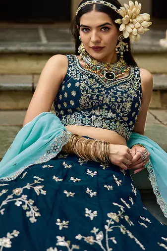 Navy blue Organza Sequinse embroidery Lehenga choli with Dupatta