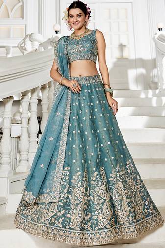 Sea green Golden Tissue Sequinse embroidery Lehenga choli with Dupatta