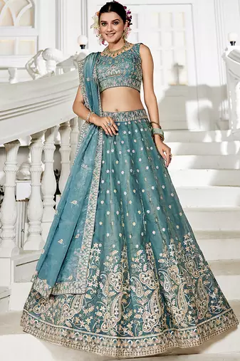 Sea green Golden Tissue Sequinse embroidery Lehenga choli with Dupatta