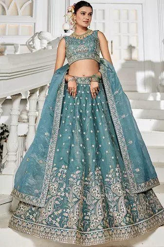 Sea green Golden Tissue Sequinse embroidery Lehenga choli with Dupatta