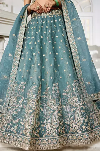 Sea green Golden Tissue Sequinse embroidery Lehenga choli with Dupatta