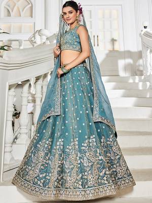 Sea green Golden Tissue Sequinse embroidery Lehenga choli with Dupatta 5