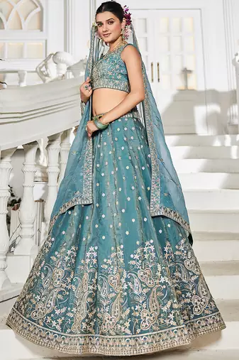 Sea green Golden Tissue Sequinse embroidery Lehenga choli with Dupatta
