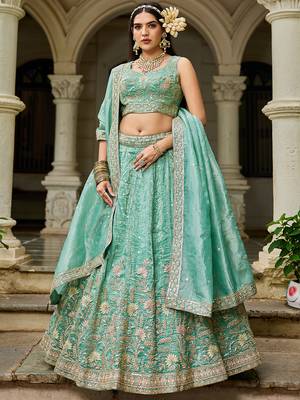 Sea green Tissue Sequinse embroidery Lehenga choli with Dupatta 3