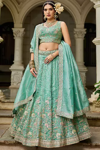 Sea green Tissue Sequinse embroidery Lehenga choli with Dupatta