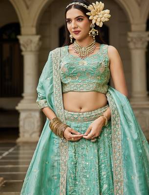 Sea green Tissue Sequinse embroidery Lehenga choli with Dupatta 4