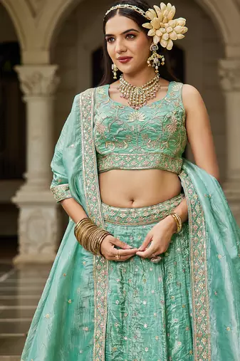 Sea green Tissue Sequinse embroidery Lehenga choli with Dupatta