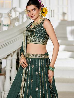 Green Georgette Sequinse embroidery Lehenga choli with Dupatta 5