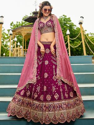 Burgundy Georgette Sequinse embroidery Lehenga choli with Dupatta 1