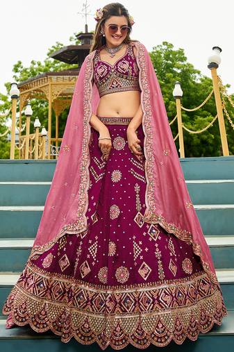 Burgundy Georgette Sequinse embroidery Lehenga choli with Dupatta