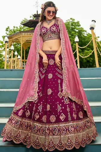 Burgundy Georgette Sequinse embroidery Lehenga choli with Dupatta