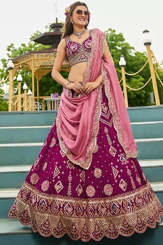 Burgundy Georgette Sequinse embroidery Lehenga choli with Dupatta