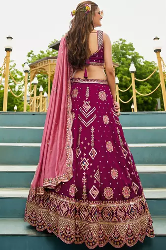 Burgundy Georgette Sequinse embroidery Lehenga choli with Dupatta
