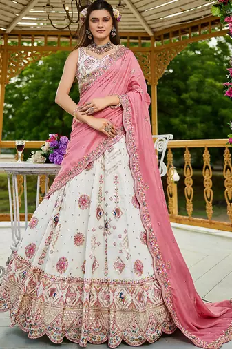 Cream Georgette Sequinse embroidery Lehenga choli with Dupatta