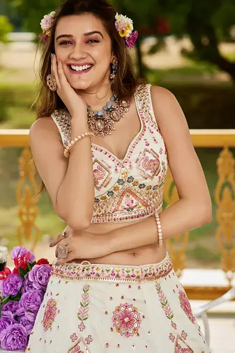 Cream Georgette Sequinse embroidery Lehenga choli with Dupatta
