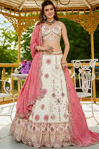 Cream Georgette Sequinse embroidery Lehenga choli with Dupatta