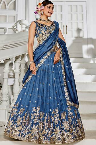 Navy blue Chiffon Sequinse embroidery Lehenga choli with Dupatta