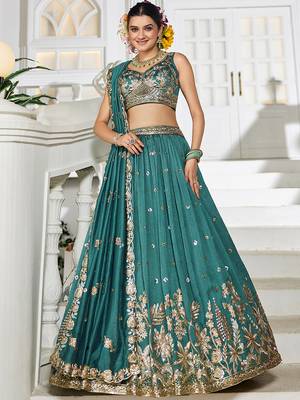 Teal Chiffon Sequinse embroidery Lehenga choli with Dupatta 1