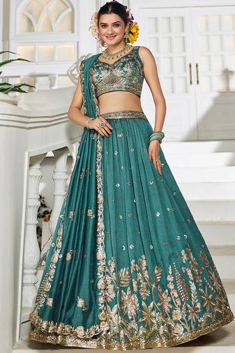 Teal Chiffon Sequinse embroidery Lehenga choli with Dupatta