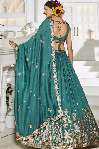 Teal Chiffon Sequinse embroidery Lehenga choli with Dupatta