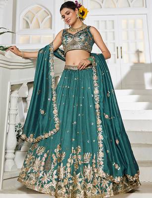 Teal Chiffon Sequinse embroidery Lehenga choli with Dupatta 3