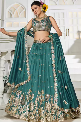 Teal Chiffon Sequinse embroidery Lehenga choli with Dupatta