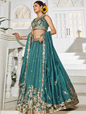 Teal Chiffon Sequinse embroidery Lehenga choli with Dupatta 4