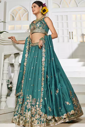 Teal Chiffon Sequinse embroidery Lehenga choli with Dupatta