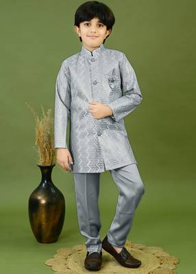 Boys satin zigzag sequined embroidered sherwani set- grey 1